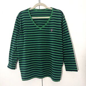 Vintage Ralph Lauren Sport Shirt Womens XL Kelly Green Striped 3/4 Sleeve Preppy